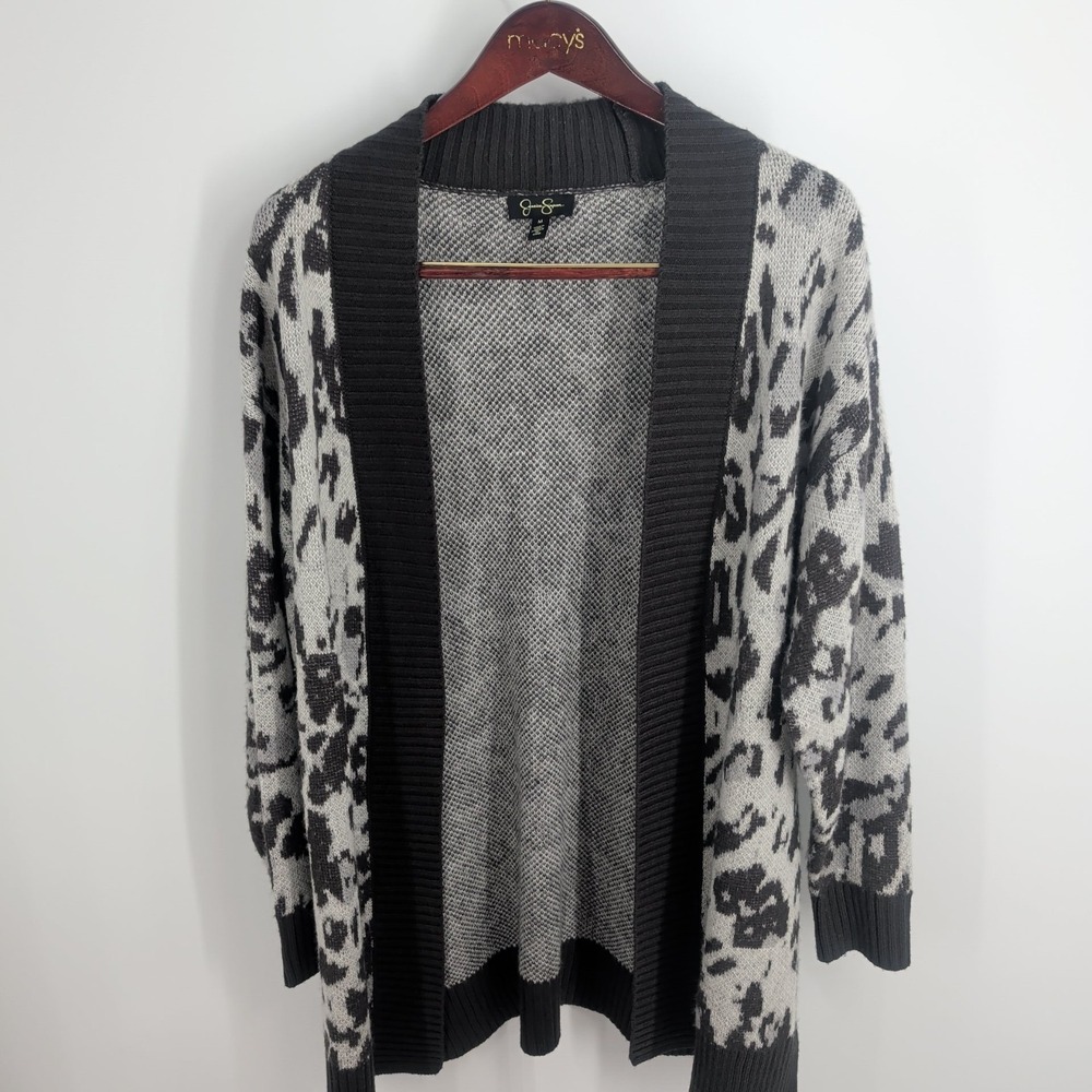 Jessica Simpson Animal Print Open-Front Knit Cardigan‎ Sweater Gray Black Size M